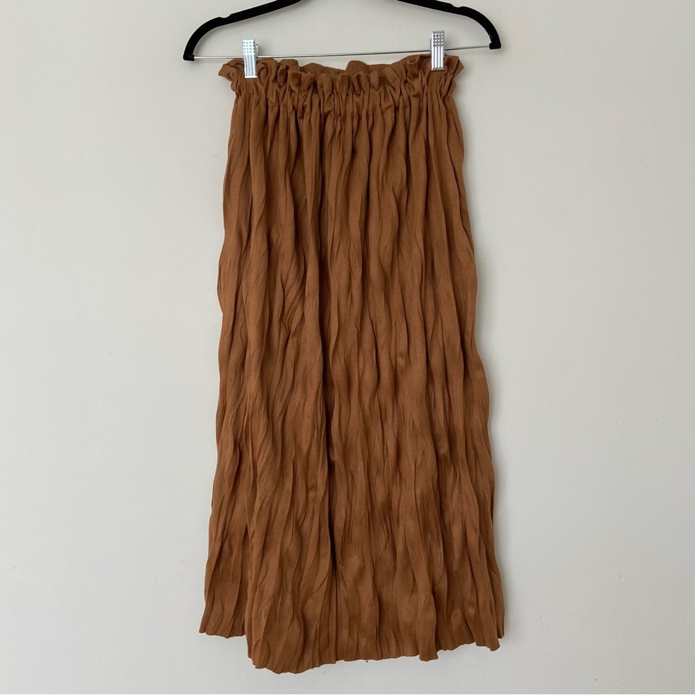 Oak + Fort Brown Faux Suede Pleated Midi Skirt size Small Soft Pleated Bohemian